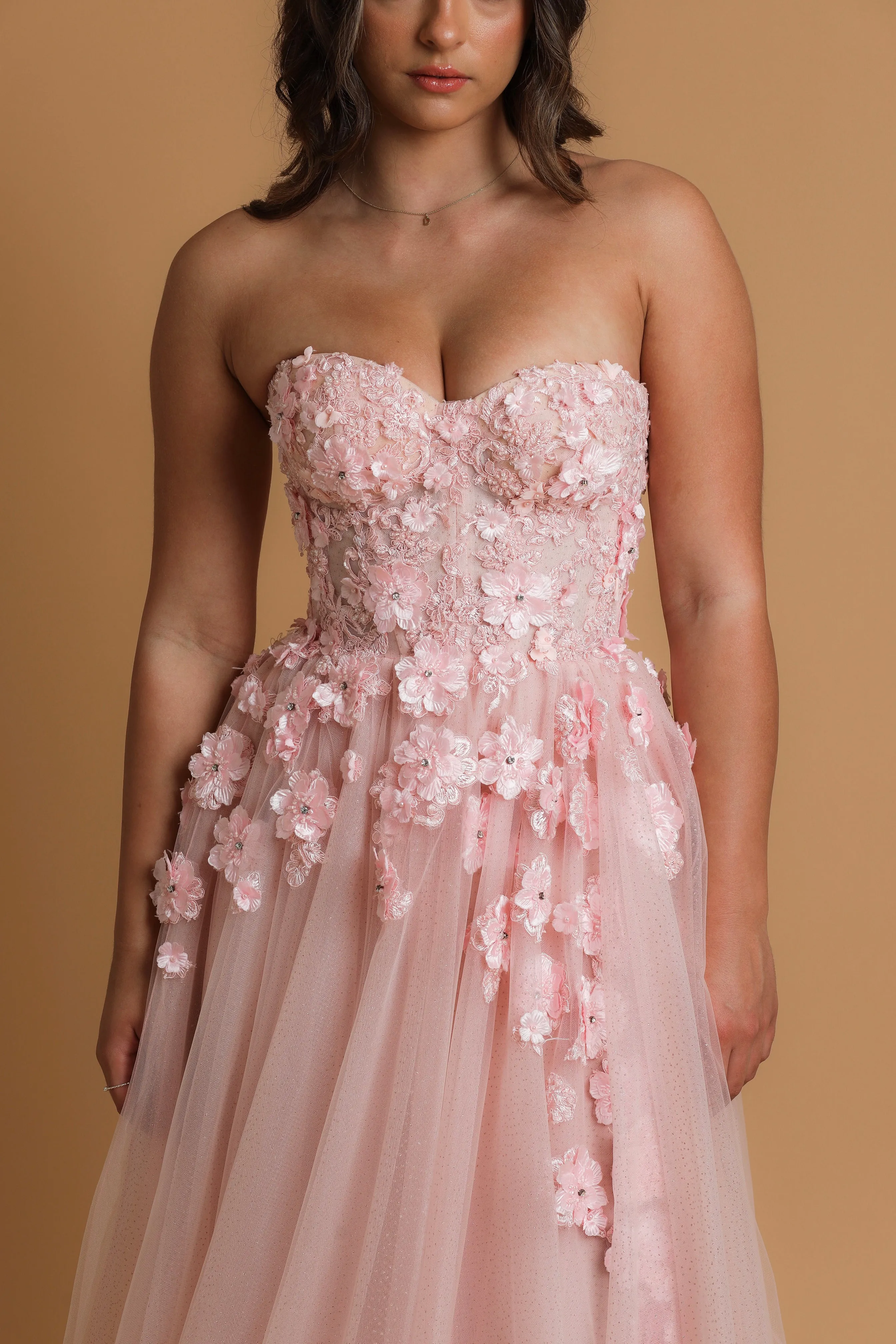 Baby pink flowery bustier strapless princess dress for hire
