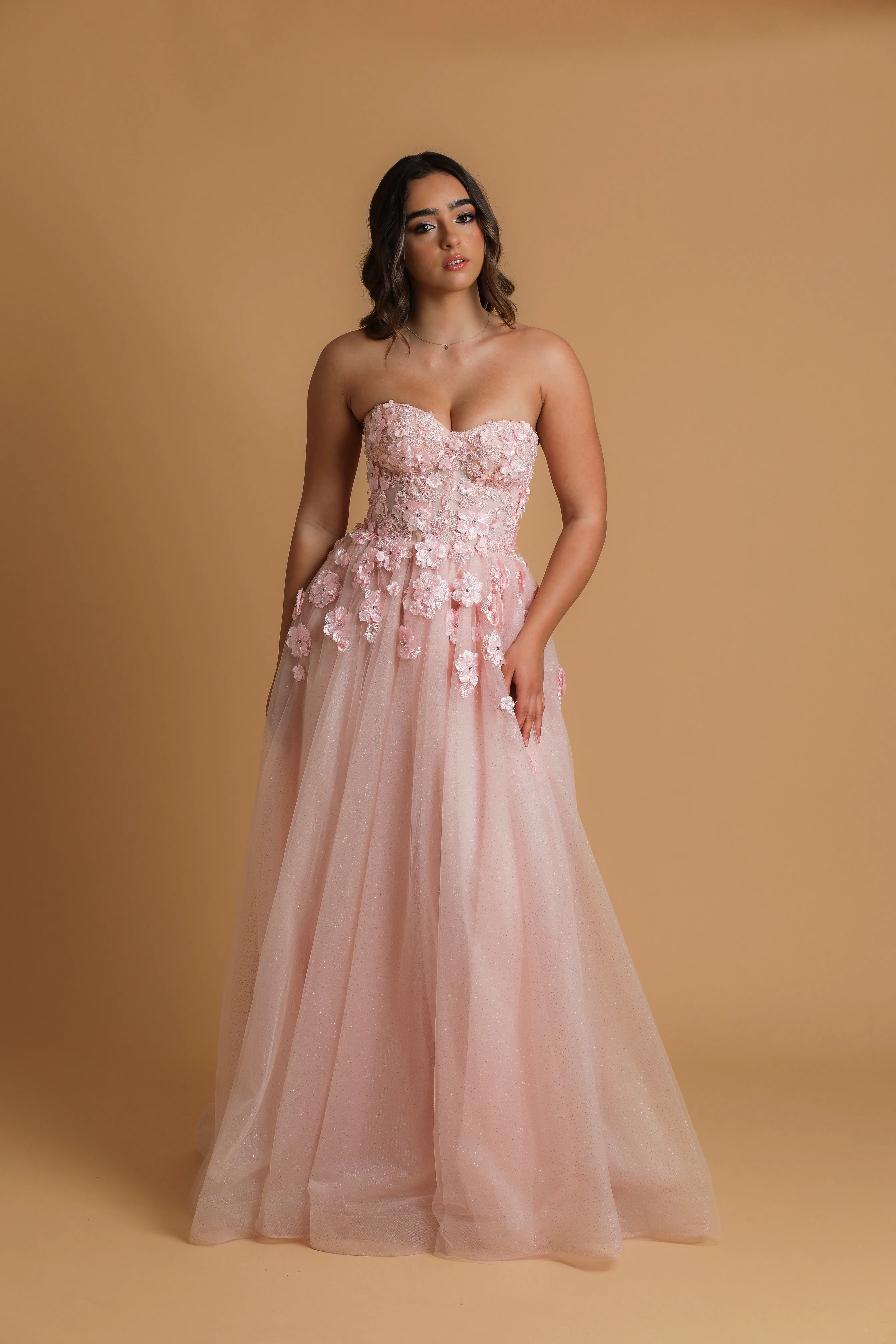 Baby pink flowery bustier strapless princess dress for hire