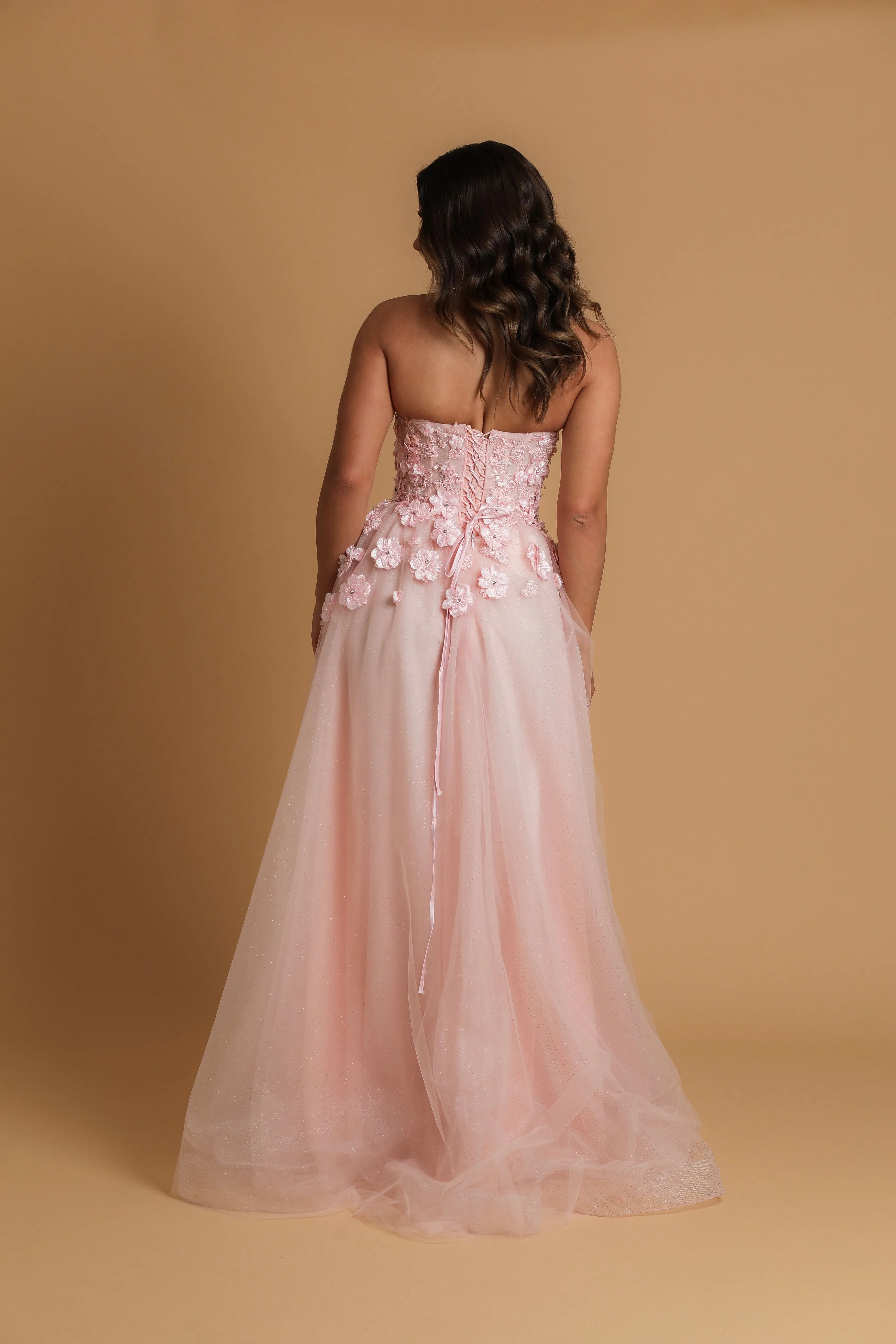 Baby pink flowery bustier strapless princess dress for hire