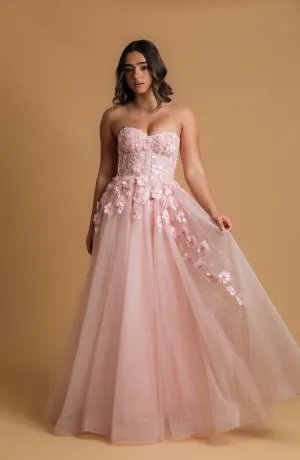 Baby pink flowery bustier strapless princess dress for hire