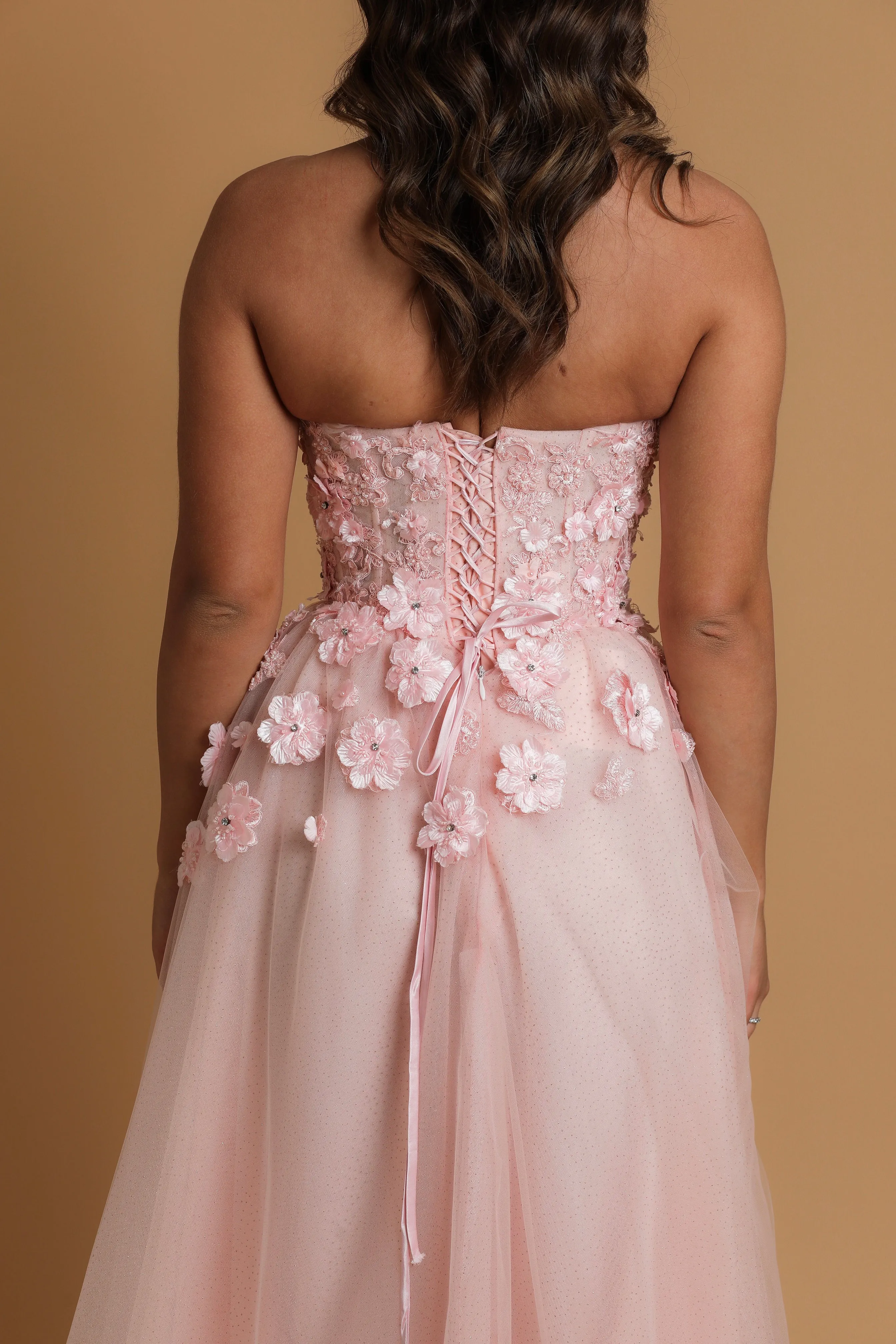 Baby pink flowery bustier strapless princess dress for hire