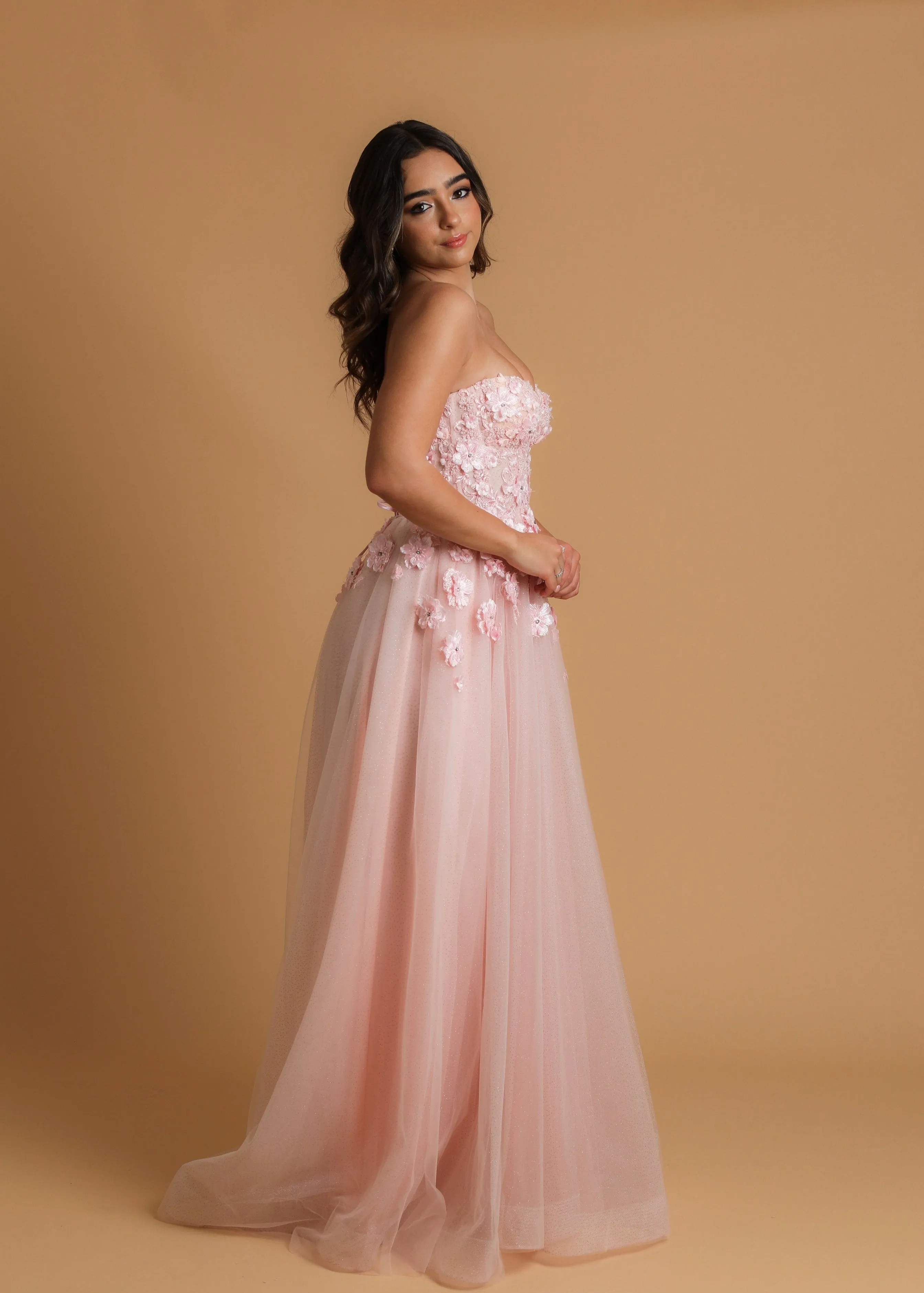 Baby pink flowery bustier strapless princess dress for hire