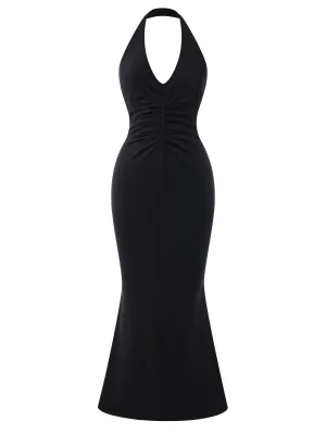 Black 1930s Solid V-Neck Halter Mermaid Dress