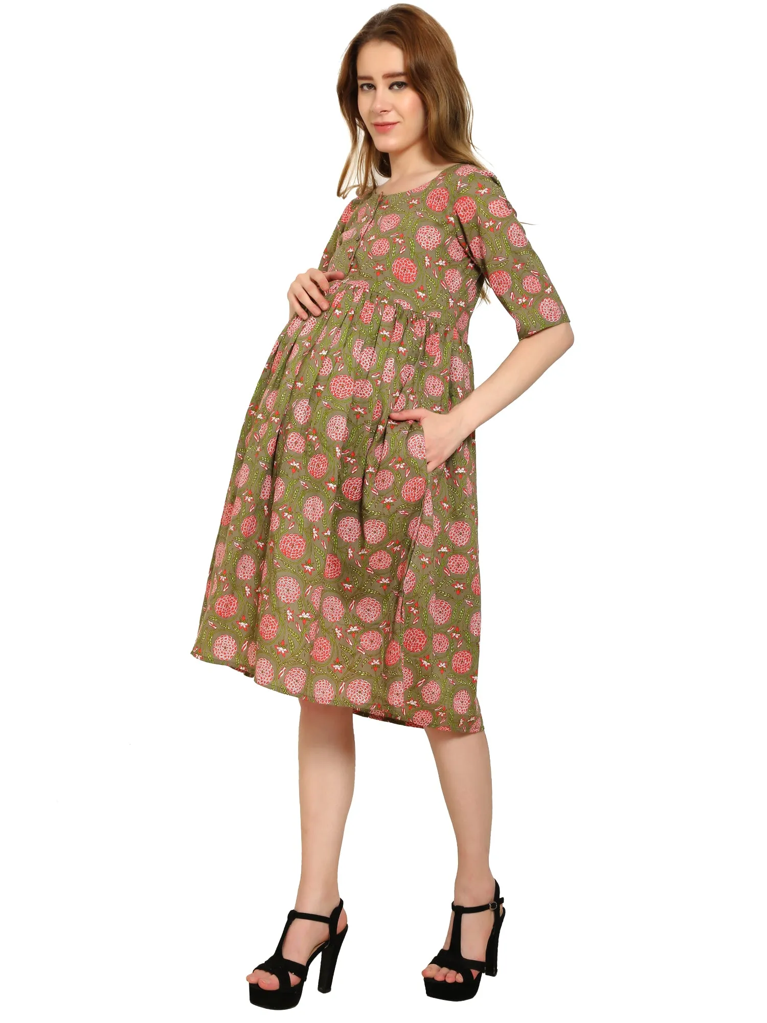 Brown Fit and Flare Cotton Maternity and Feeding Dress