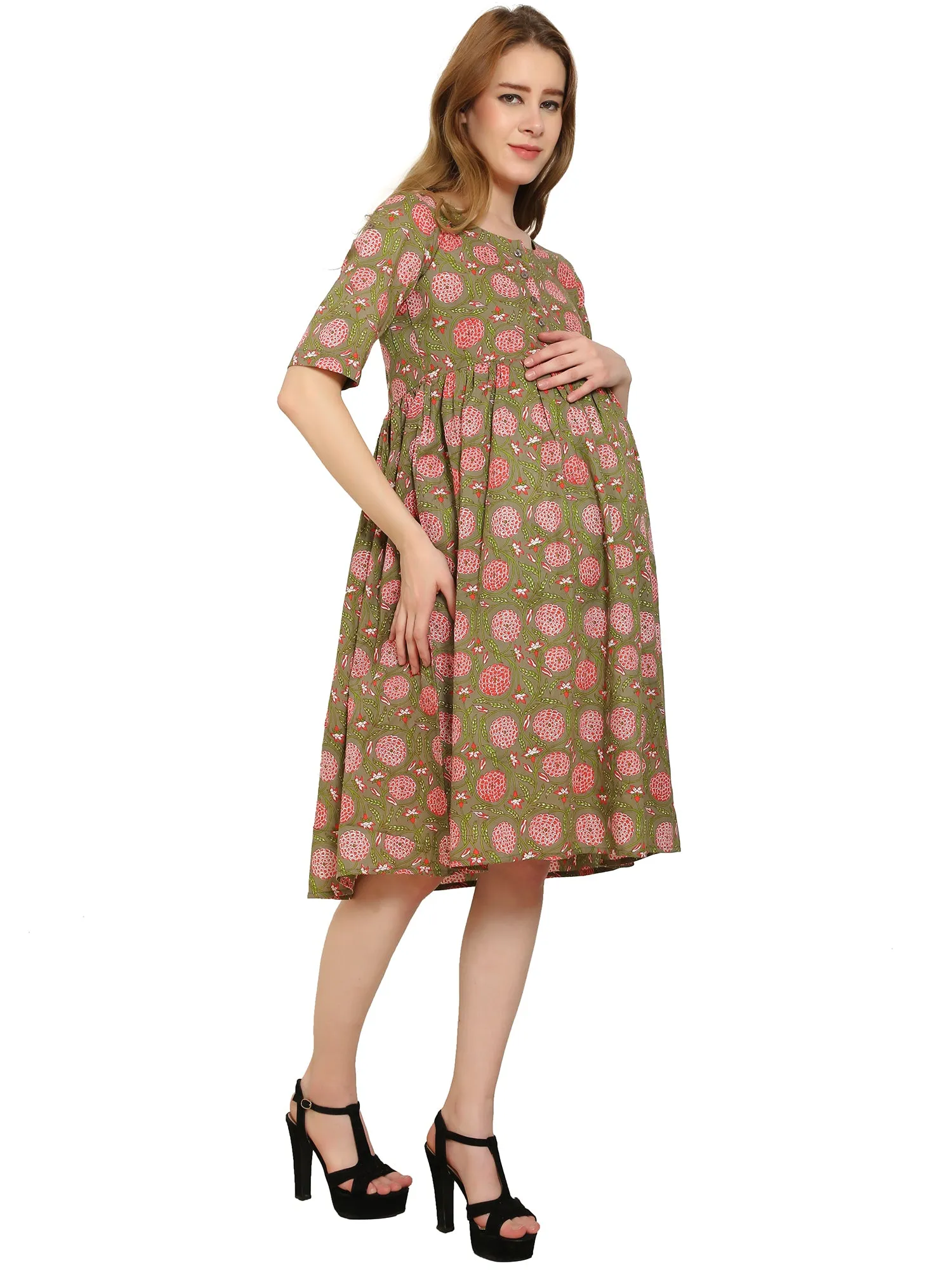 Brown Fit and Flare Cotton Maternity and Feeding Dress