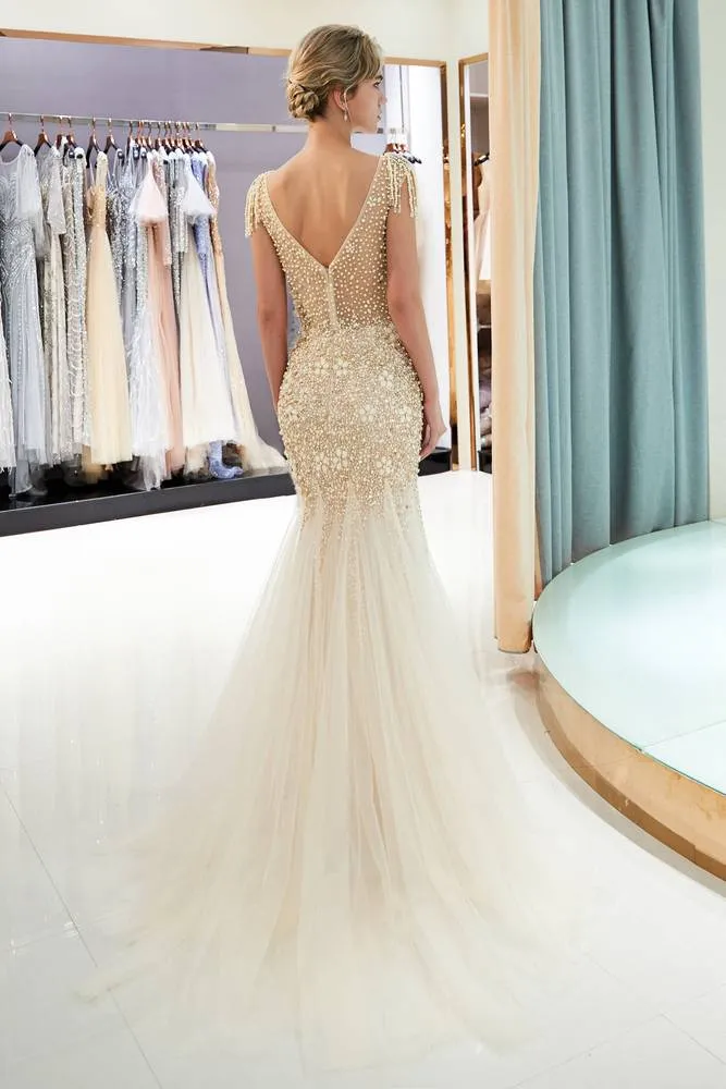 Cap Sleeves Mermaid Silver Evening Dress with Crystals / Tassel