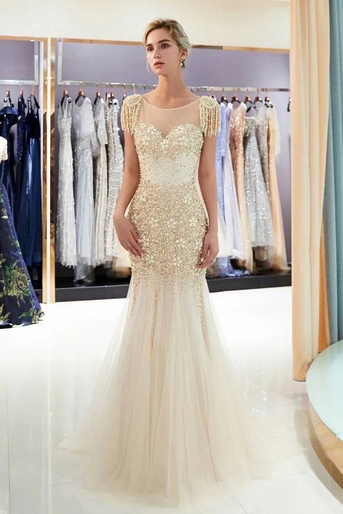 Cap Sleeves Mermaid Silver Evening Dress with Crystals / Tassel