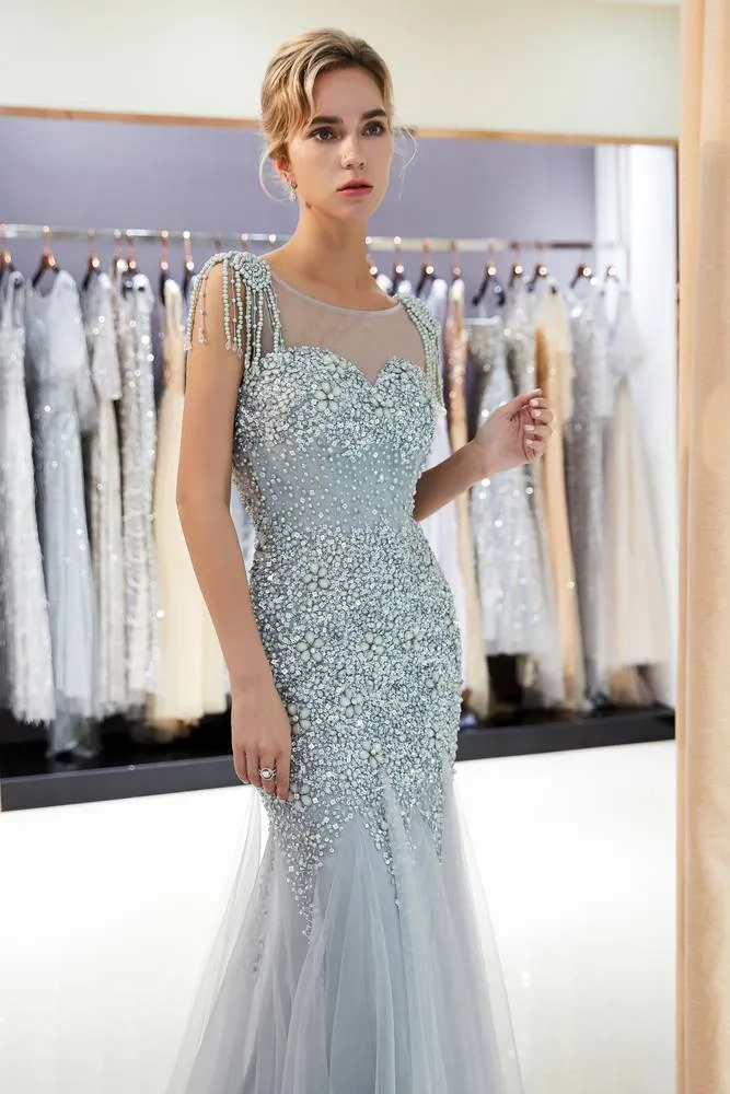 Cap Sleeves Mermaid Silver Evening Dress with Crystals / Tassel
