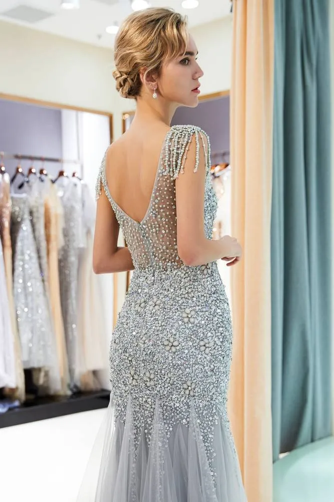 Cap Sleeves Mermaid Silver Evening Dress with Crystals / Tassel