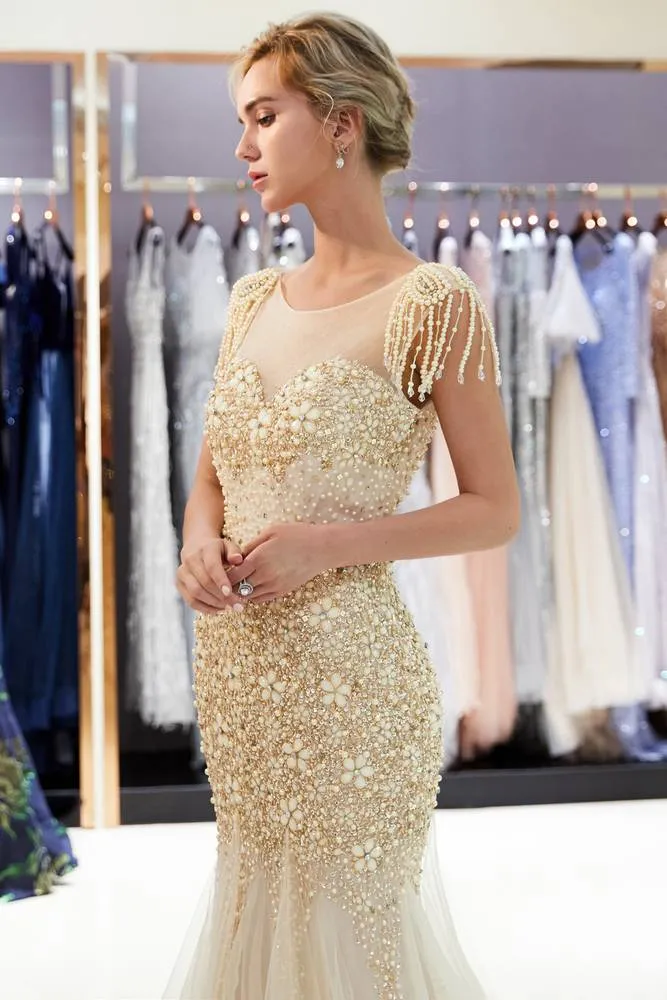 Cap Sleeves Mermaid Silver Evening Dress with Crystals / Tassel