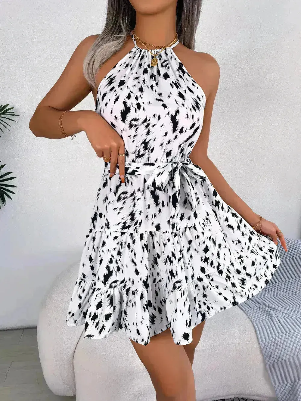 Casual Leopard Print Ruffled Swing Dress Summer Fashion Beach Dresses Women Skater Dress for Chic Ladies.