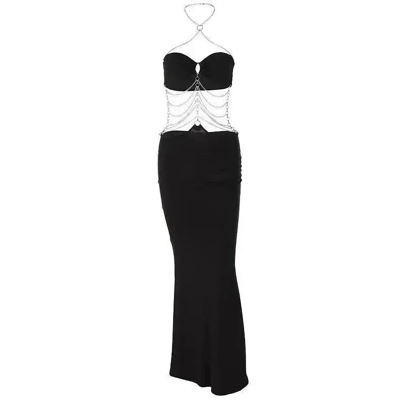 Charming Fashion Personality Halter Neck Wrap Chest Cutout Party Long Black  Dress for Women