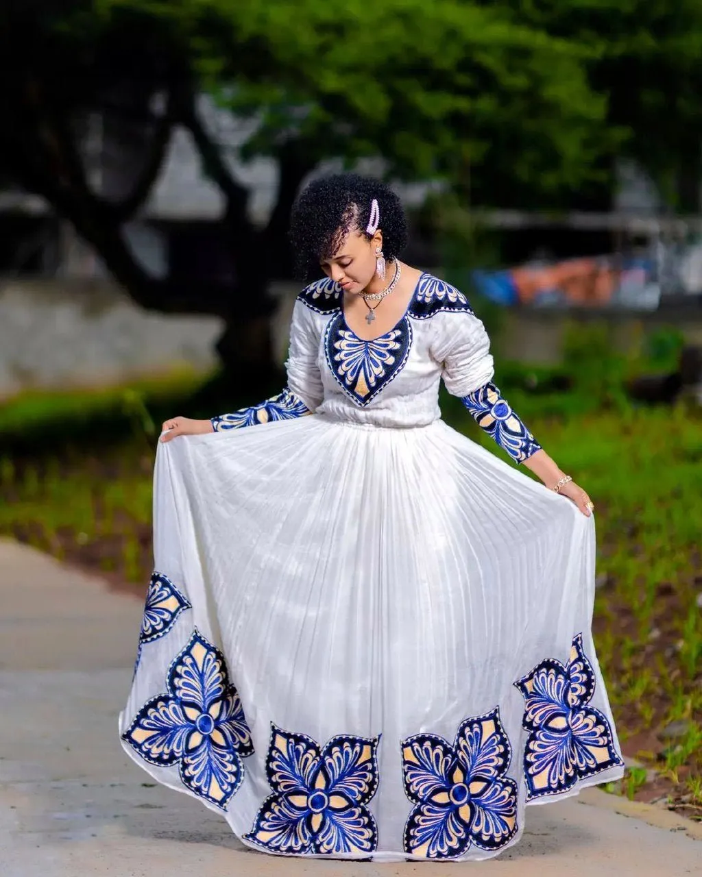 Chic Habesha Dress with Dark Blue Blossoms Habesha Kemis Simple Ethiopian Dress