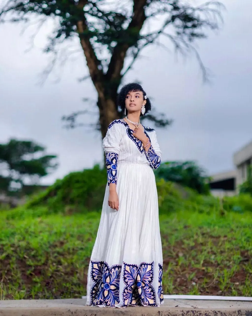 Chic Habesha Dress with Dark Blue Blossoms Habesha Kemis Simple Ethiopian Dress