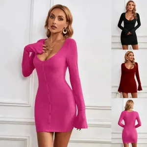 Chic Ladies Bodycon U-neck Long-sleeved Dress Charming Slim Hip-hugging Short Mini  Dresses  for Women