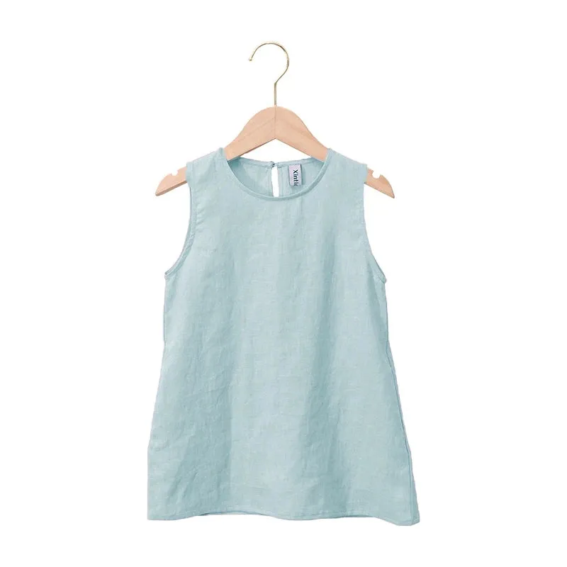 Cotton And Linen Girl Retro Dress, Casual Sleeveless Solid Color Toddler Dress With Pockets 2-6T