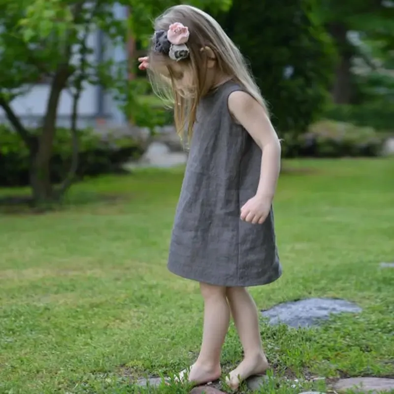 Cotton And Linen Girl Retro Dress, Casual Sleeveless Solid Color Toddler Dress With Pockets 2-6T