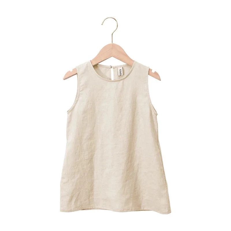 Cotton And Linen Girl Retro Dress, Casual Sleeveless Solid Color Toddler Dress With Pockets 2-6T
