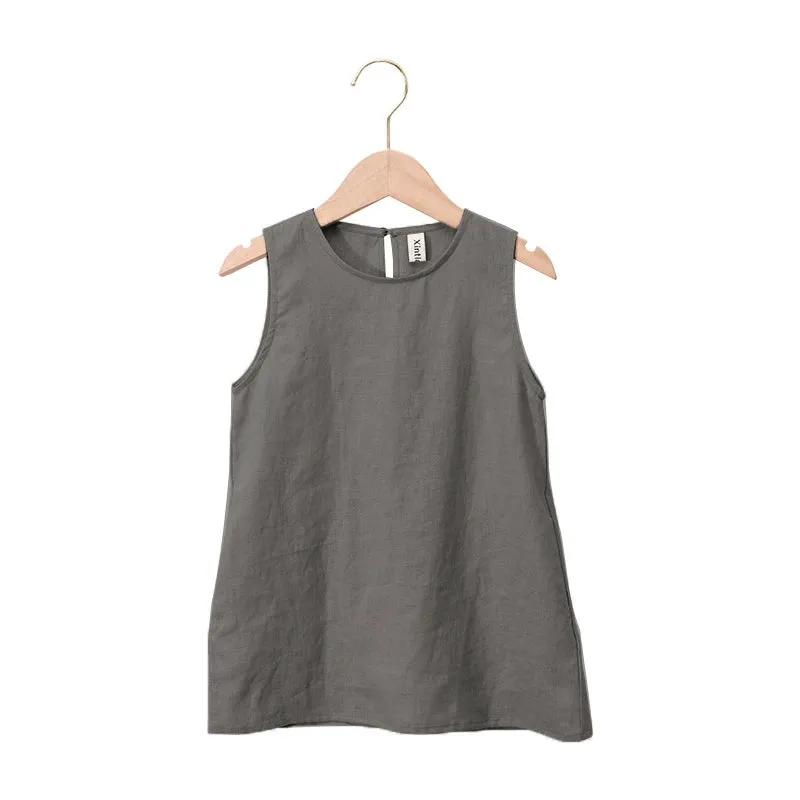 Cotton And Linen Girl Retro Dress, Casual Sleeveless Solid Color Toddler Dress With Pockets 2-6T