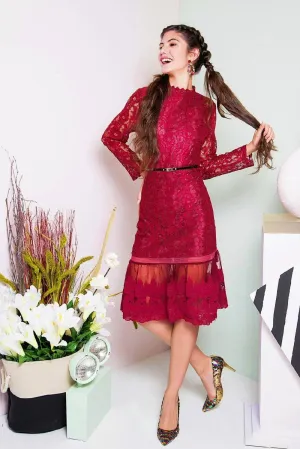 Designer wedding cocktail mother of the bride formal long sleeve red lace dress - Imla
