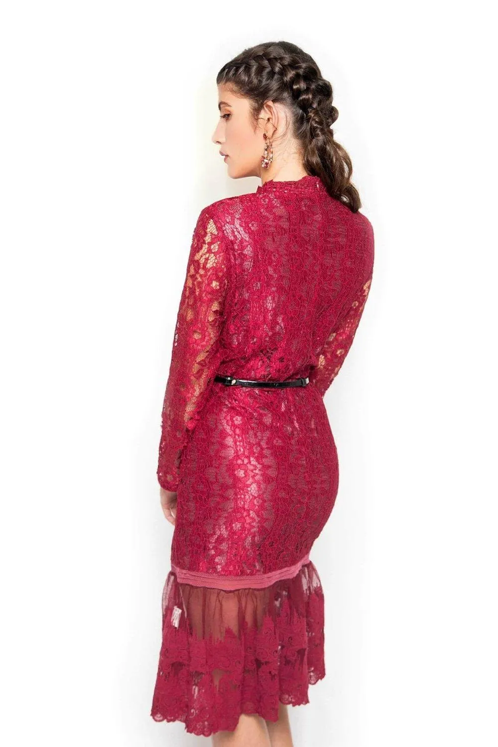 Designer wedding cocktail mother of the bride formal long sleeve red lace dress - Imla