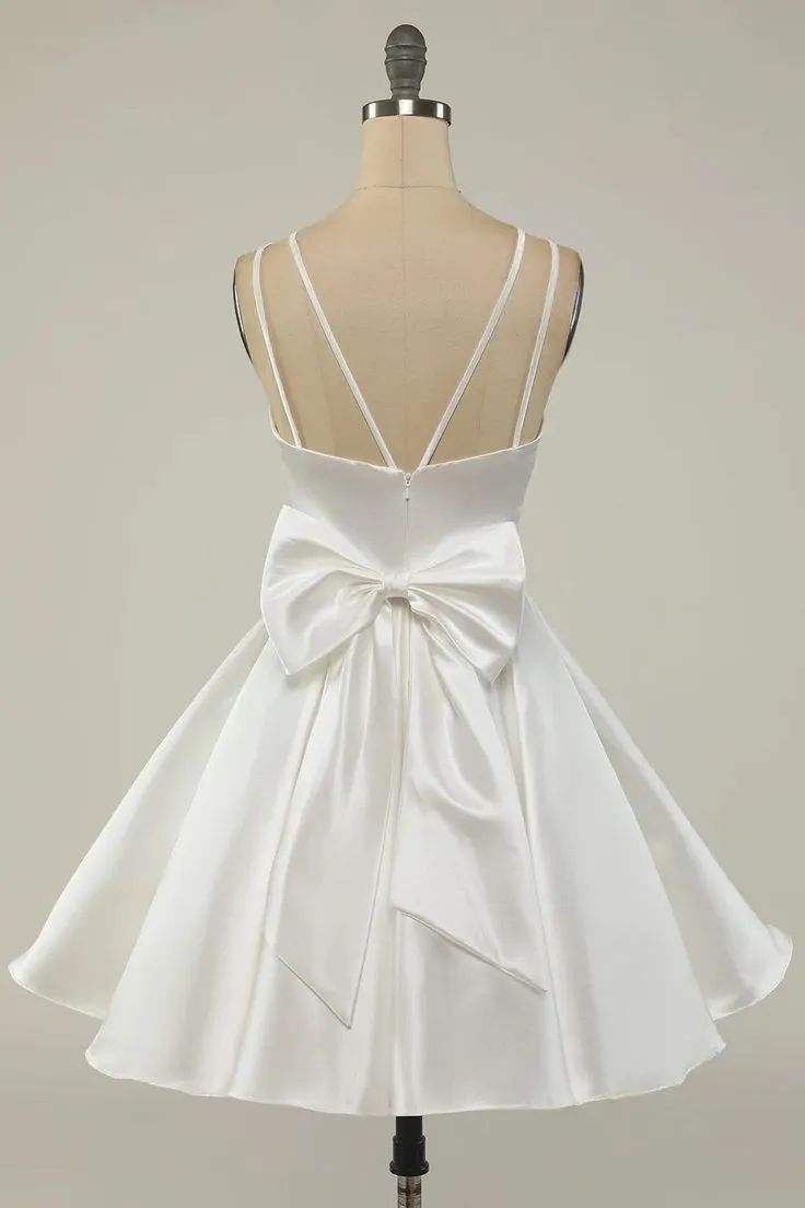 Double Straps White Satin Short Homecoming Party Dress    fg3760