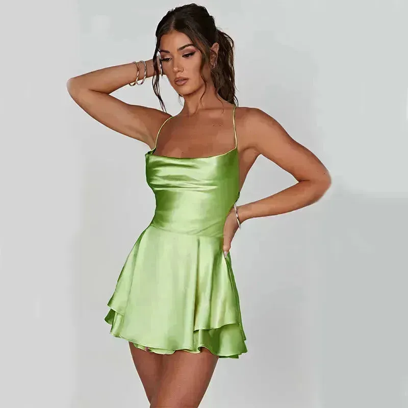 Elegant Chic Skirt Dress For Women Elegant Slim Strap Satin Backless Lace Up Ladies Party Mini Skater Dress