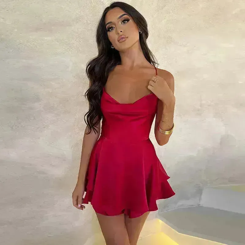 Elegant Chic Skirt Dress For Women Elegant Slim Strap Satin Backless Lace Up Ladies Party Mini Skater Dress