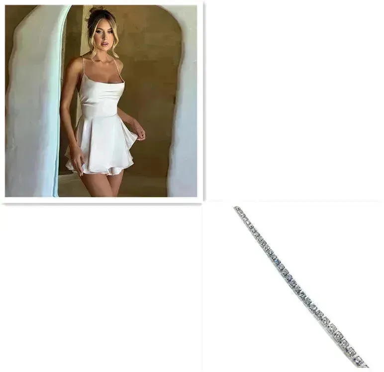 Elegant Chic Skirt Dress For Women Elegant Slim Strap Satin Backless Lace Up Ladies Party Mini Skater Dress