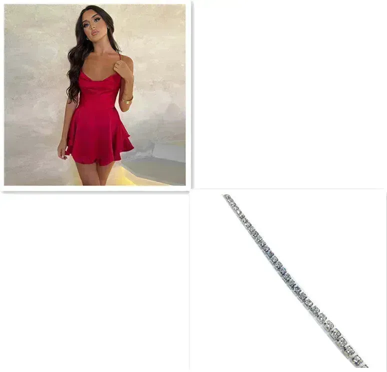 Elegant Chic Skirt Dress For Women Elegant Slim Strap Satin Backless Lace Up Ladies Party Mini Skater Dress