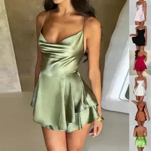 Elegant Chic Skirt Dress For Women Elegant Slim Strap Satin Backless Lace Up Ladies Party Mini Skater Dress