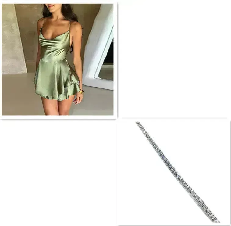 Elegant Chic Skirt Dress For Women Elegant Slim Strap Satin Backless Lace Up Ladies Party Mini Skater Dress