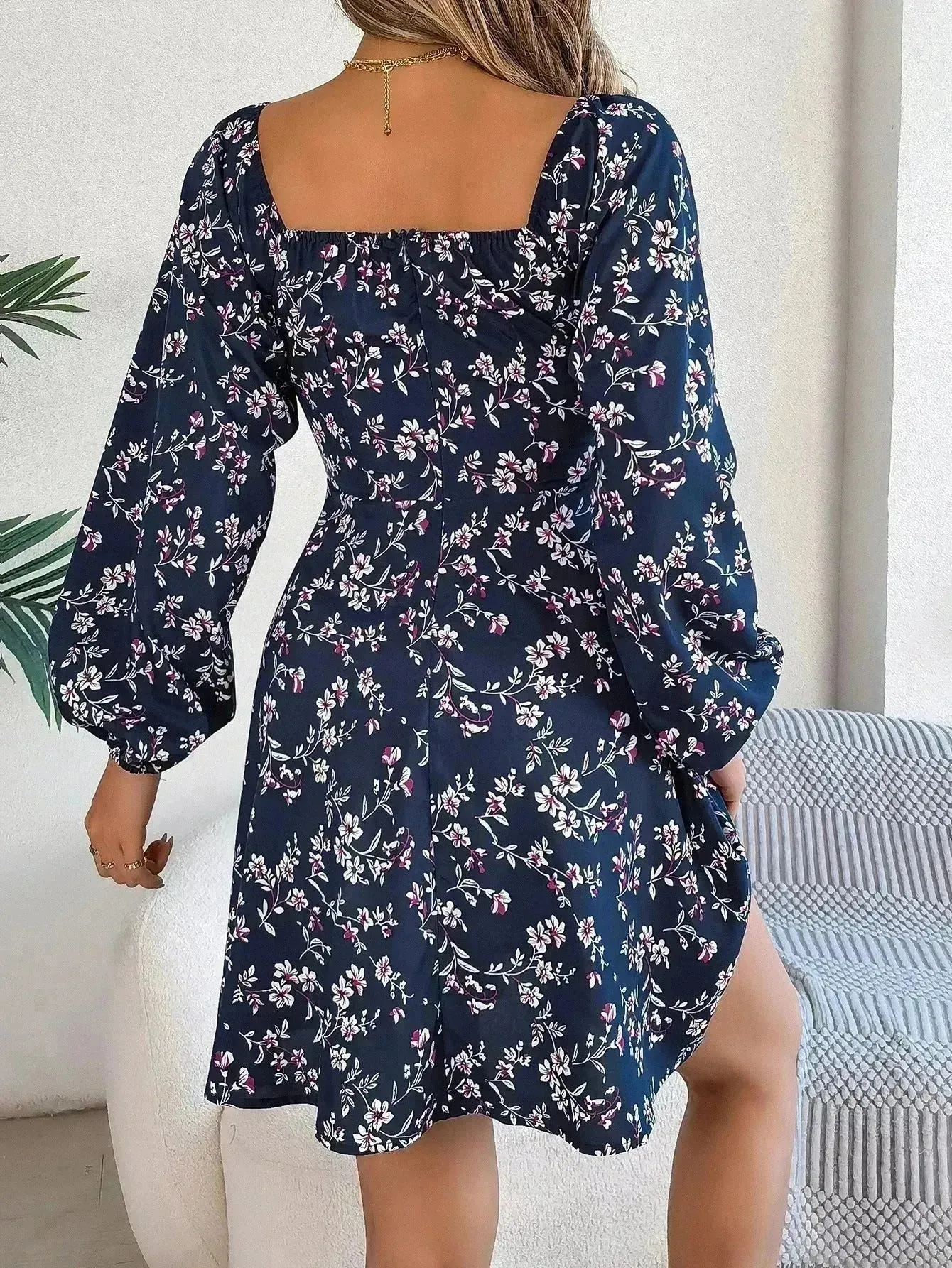 Fashion Floral Print Lantern Sleeve Short Mini Skater Dress Casual Charming Tie Square Neck Long Sleeve A-Line Dress Women's Clothing