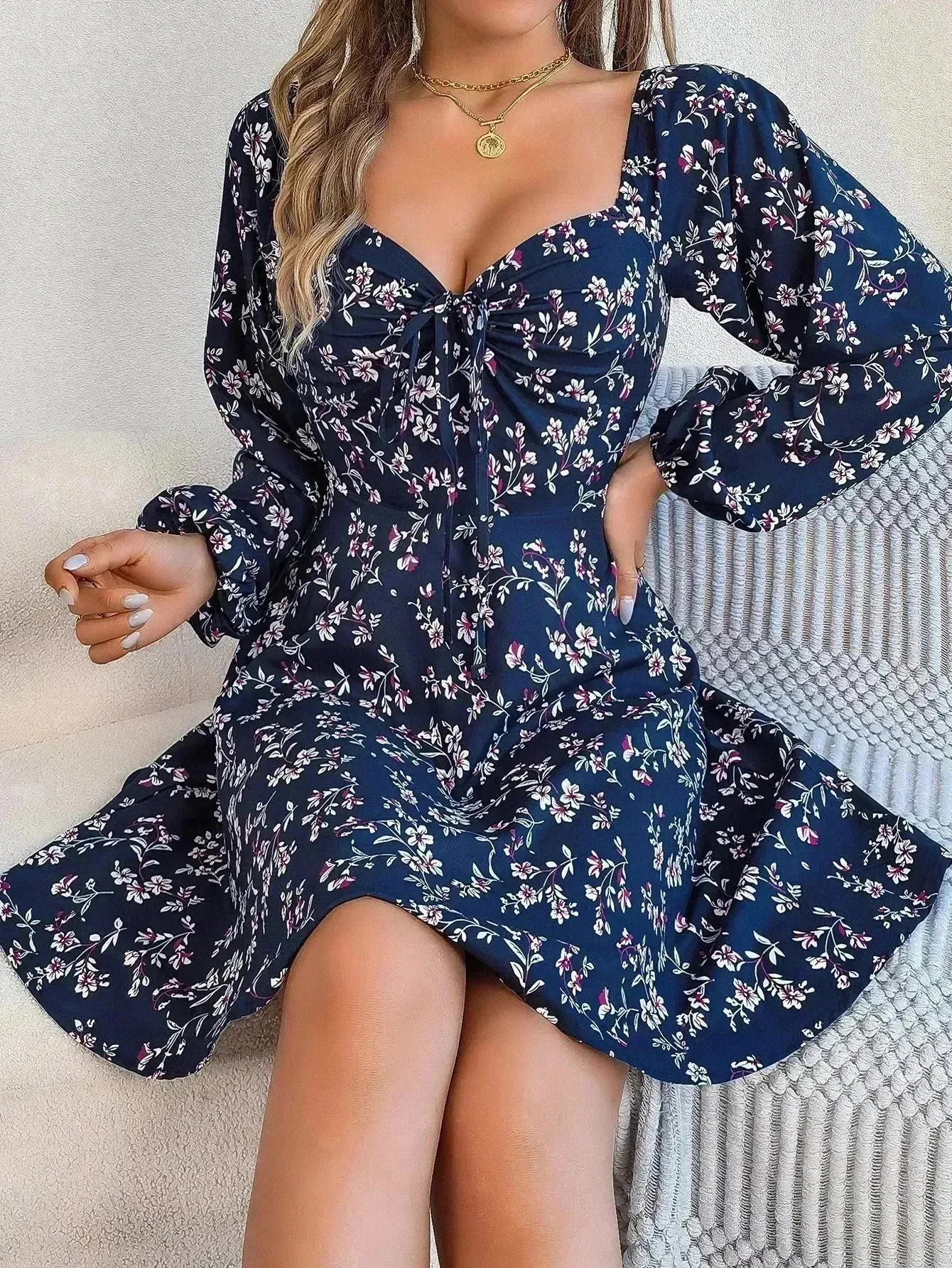 Fashion Floral Print Lantern Sleeve Short Mini Skater Dress Casual Charming Tie Square Neck Long Sleeve A-Line Dress Women's Clothing