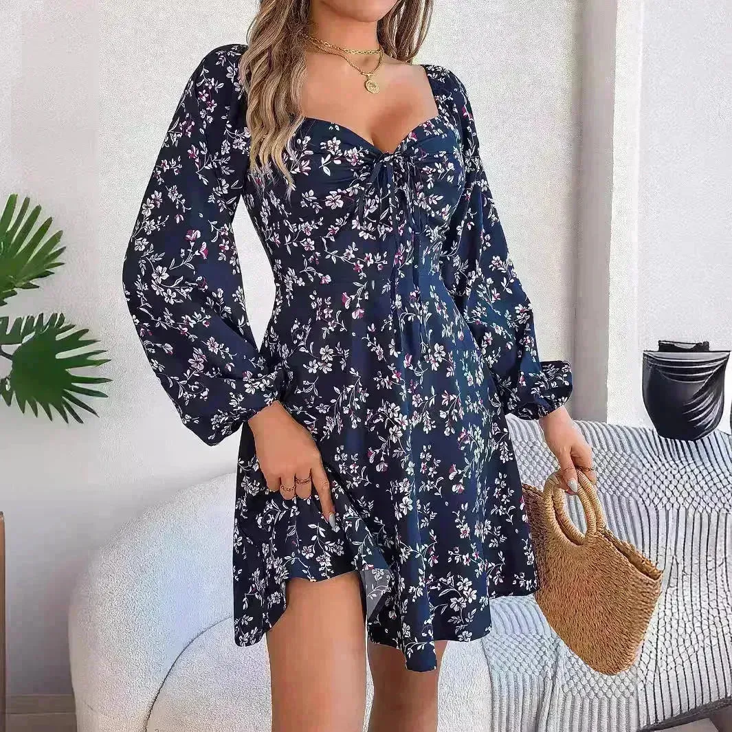 Fashion Floral Print Lantern Sleeve Short Mini Skater Dress Casual Charming Tie Square Neck Long Sleeve A-Line Dress Women's Clothing