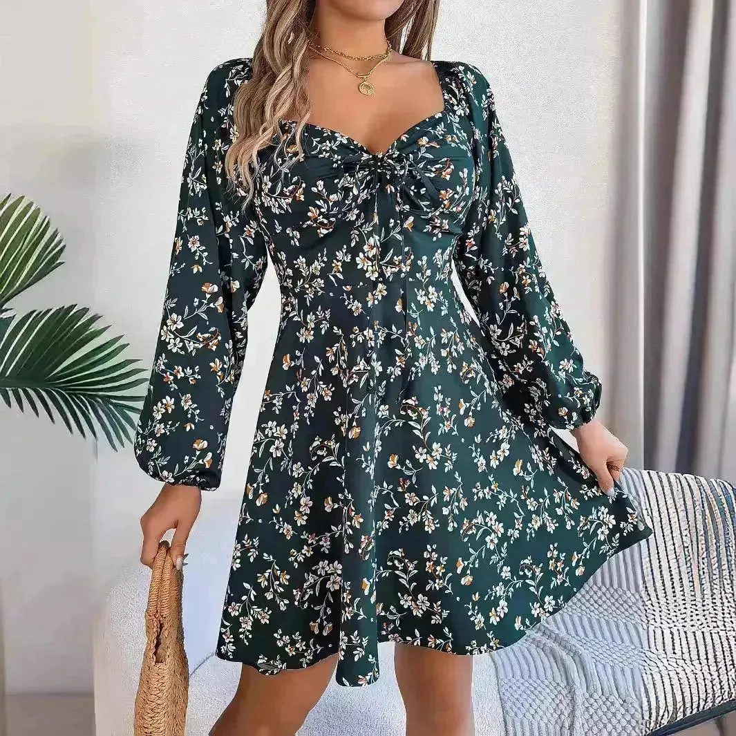 Fashion Floral Print Lantern Sleeve Short Mini Skater Dress Casual Charming Tie Square Neck Long Sleeve A-Line Dress Women's Clothing