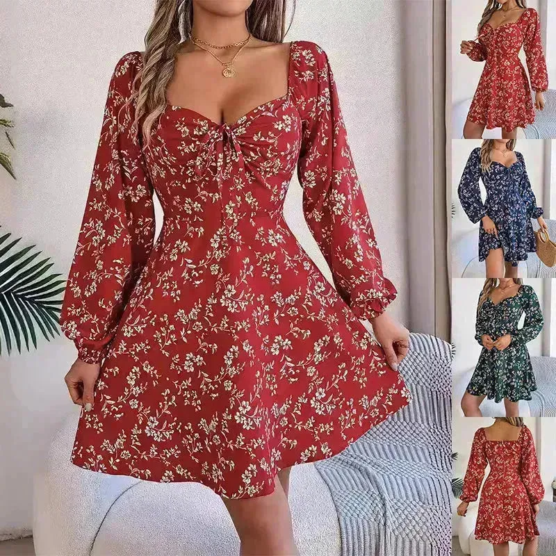 Fashion Floral Print Lantern Sleeve Short Mini Skater Dress Casual Charming Tie Square Neck Long Sleeve A-Line Dress Women's Clothing
