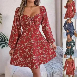 Fashion Floral Print Lantern Sleeve Short Mini Skater Dress Casual Charming Tie Square Neck Long Sleeve A-Line Dress Women's Clothing