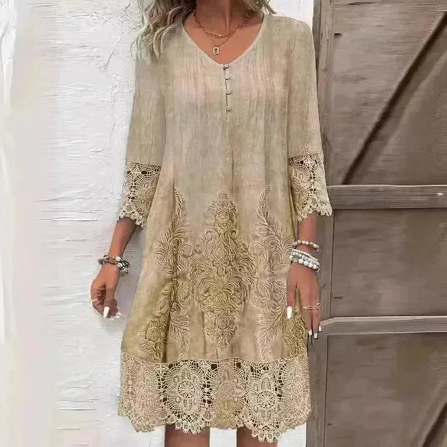 Flowers Lace Dress Summer Solid Color Womens Clothing