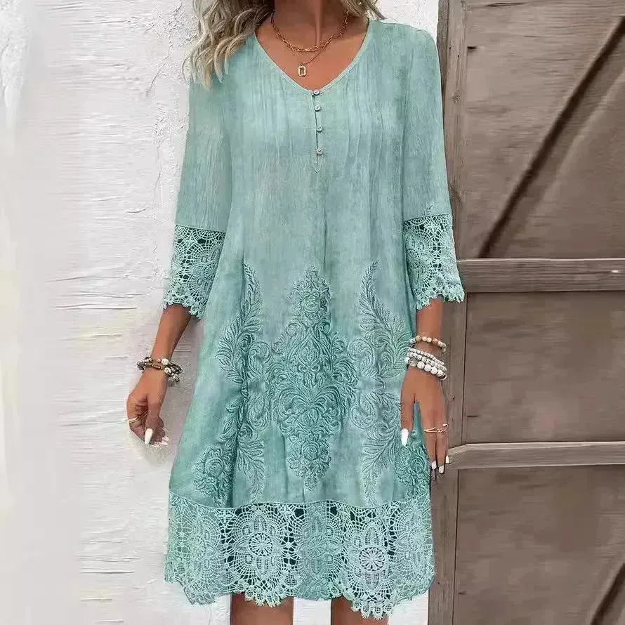 Flowers Lace Dress Summer Solid Color Womens Clothing