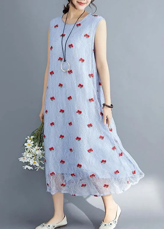 French light blue lace clothes For Women sleeveless Dresses embroidery summer Dress