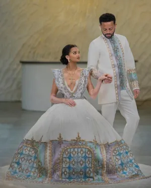 Glorious Blue with Bronze Habesha Couples Outfit: Contemporary Look in Ethiopian Couples Outfit