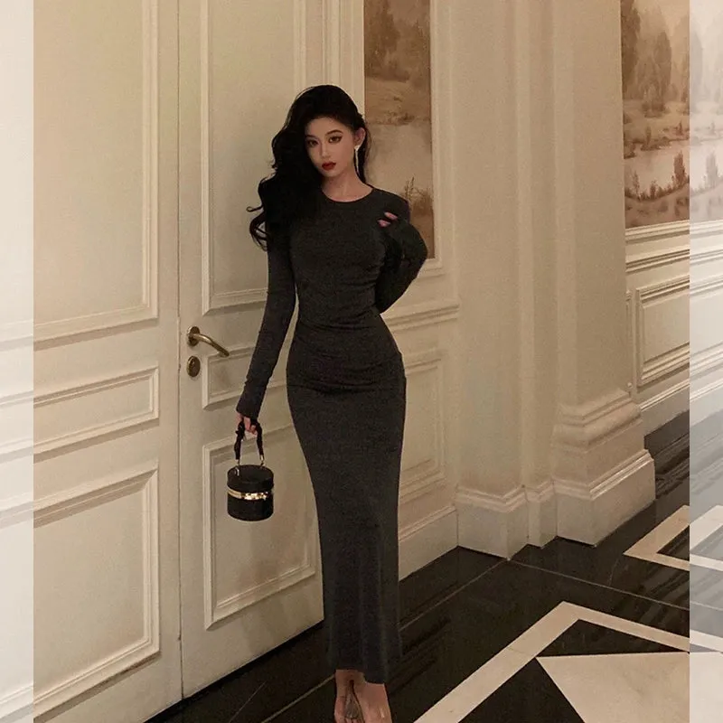 Gray long-sleeved dress for women new pleated  long party dress     S5689