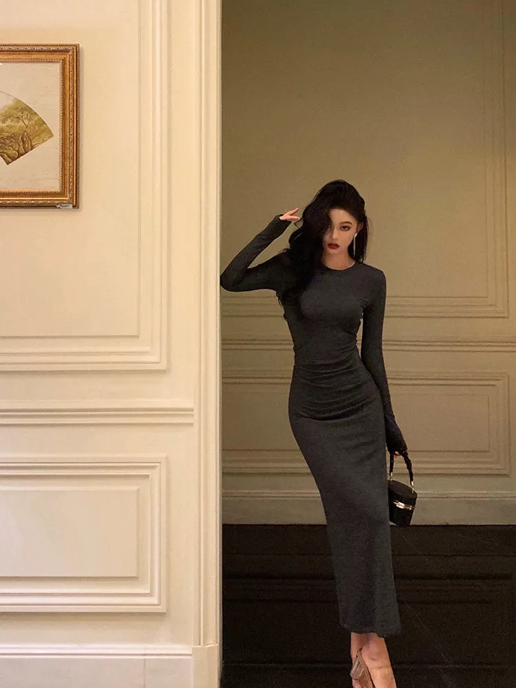Gray long-sleeved dress for women new pleated  long party dress     S5689