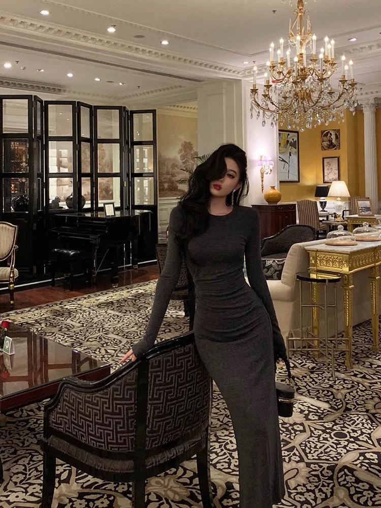 Gray long-sleeved dress for women new pleated  long party dress     S5689