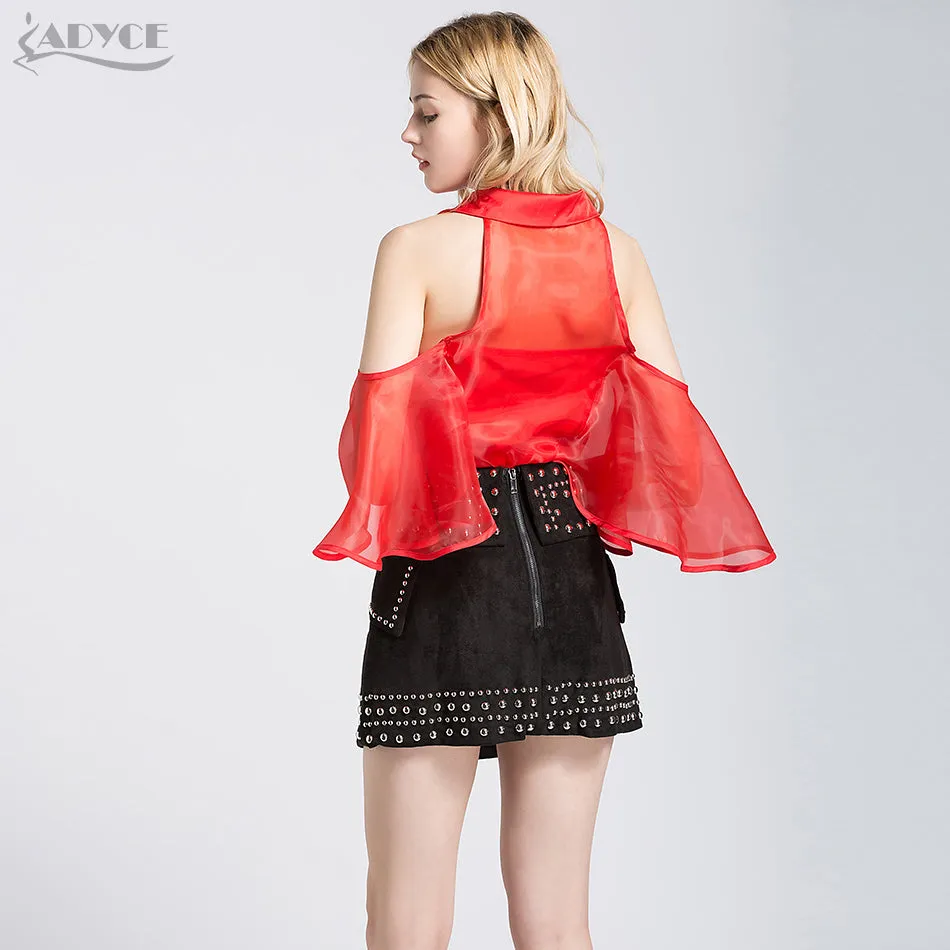 Half Flare Sleeve Ruffles Mesh Short Tops