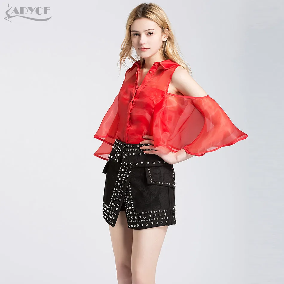 Half Flare Sleeve Ruffles Mesh Short Tops