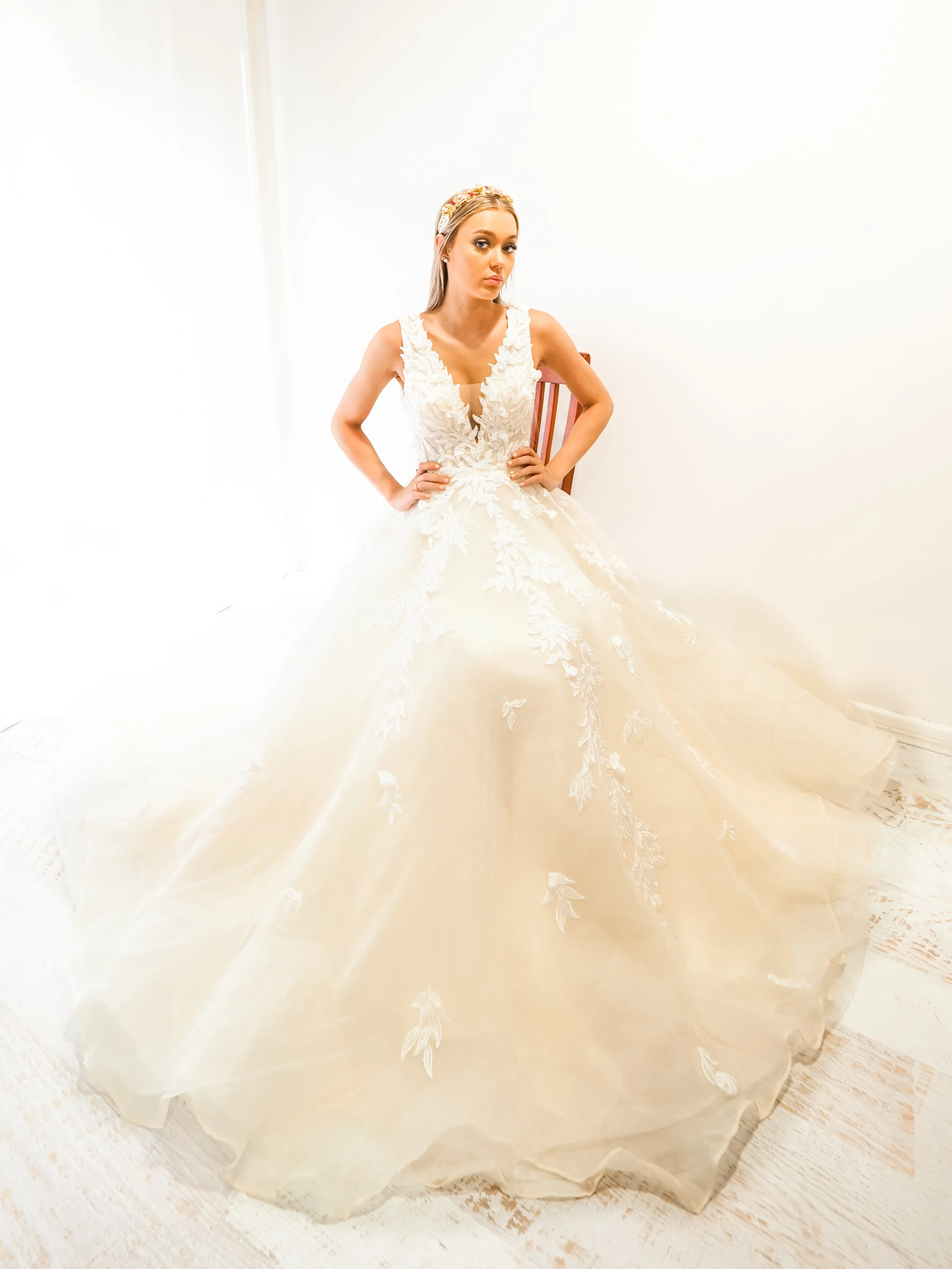 Ivory princess dress with V neck and 3D flower embroidery