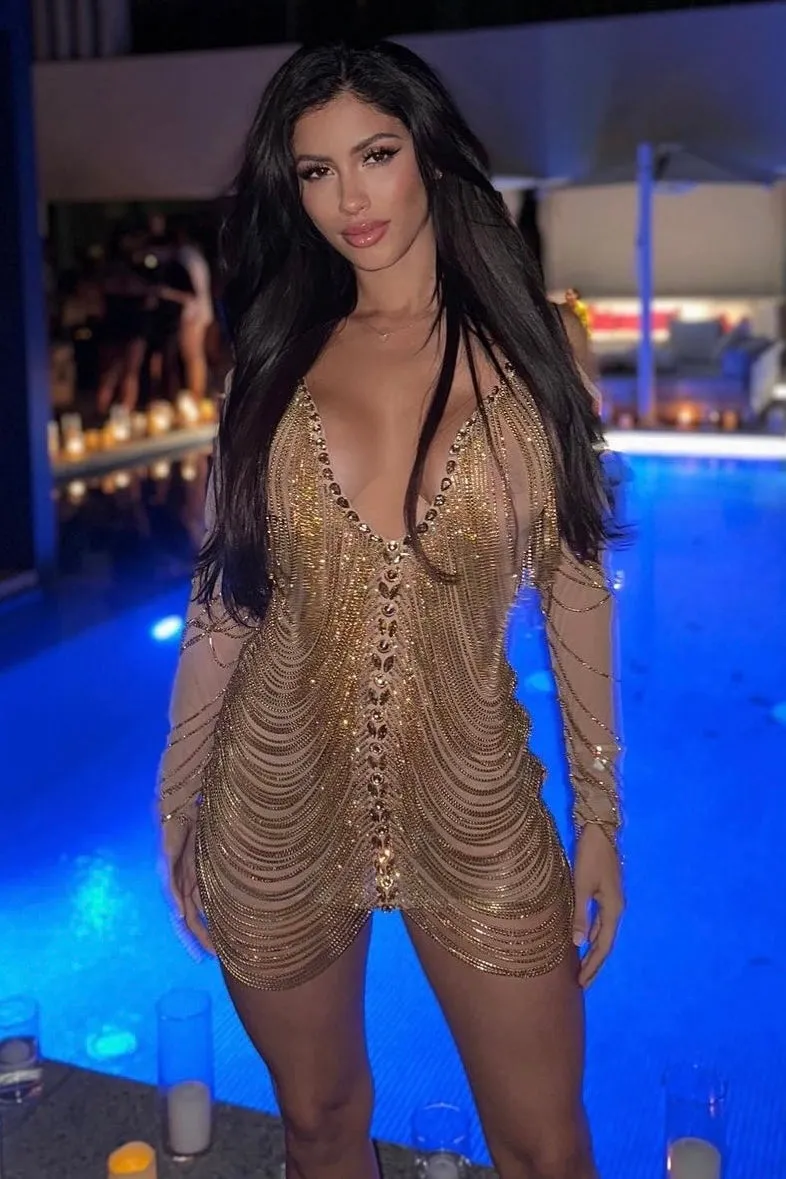 Jessica Bara Amra Crystal Fringe Long Sleeve Mini Dress As Seen On Tika Camaj