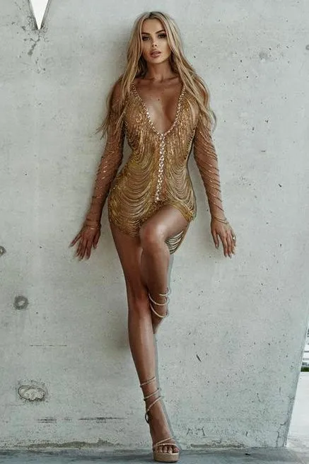 Jessica Bara Amra Crystal Fringe Long Sleeve Mini Dress As Seen On Tika Camaj